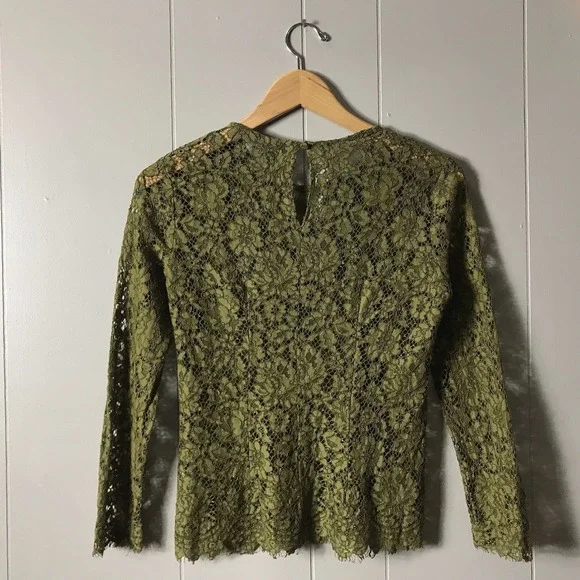 J CREW OLIVE GREEN SHEER FLORAL LACE LONG SLEEVE BLOUSE KEYHOLE WOMENS SIZE 00 - Picture 5 of 7